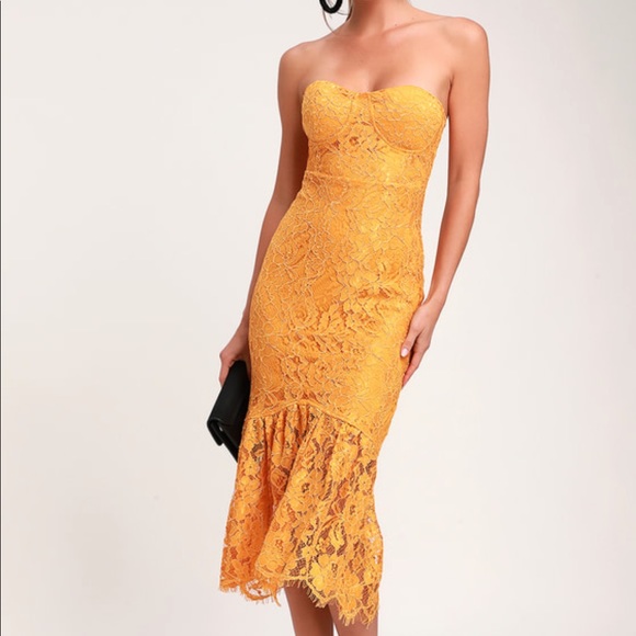 Lulus Divine Nights Red Lace Strapless Midi Dress - Picture 4 of 4